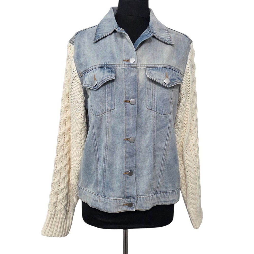 POL Blue Denim Jean Jacket Chunky Knit Sweater Sleeves 100% Cotton Women's‎ M